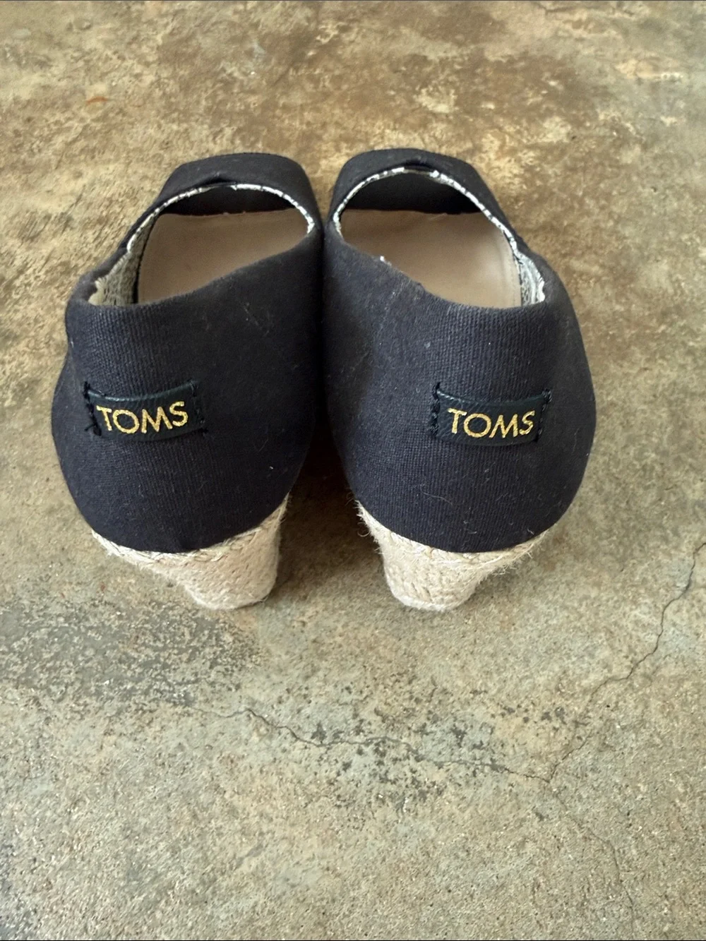 Toms Black Canvas Peep-Toe Espadrille Wedges